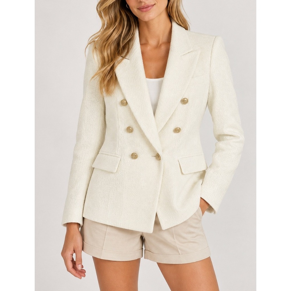 NEW Zara Women Textured Double Breasted Tweed Blazer Cream Gold Buttons XS